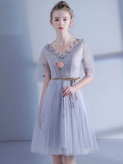Silver Lace Sashes Short Sleeves Homecoming Dress  Sassymyprom