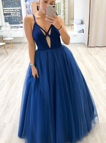 Tulle Sleeveless Sexy Deep V-neck A-Line Blue Prom Dress