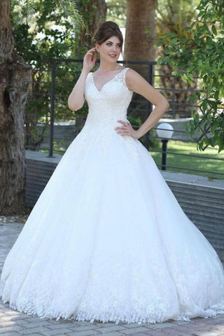 V Neck Tulle Sexy Lace Up A Line Appliques Romantic Wedding Dress