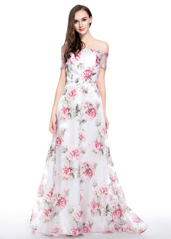 Delicate Organza Allover Off-the-shoulder Neckline Floral A-line Prom Dress
