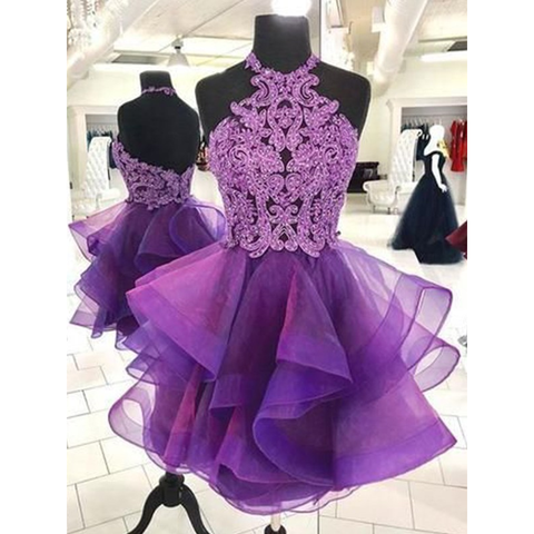 Princess Organza Beading Halter Purple Short Mini Homecoming Dress