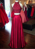 Burgundy Two Piece A-line Prom Dresses With Beadings