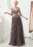 Half Sleeves A-line Lace Appliques Jewel Gray Evening Dress