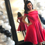 Red Off The Shoulder Satin Homecoming Dress
