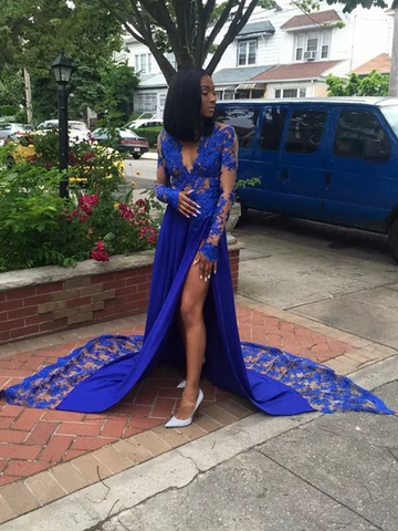 Blue Sexy Princess Long Sleeves V-neck  Applique Satin Prom Dress