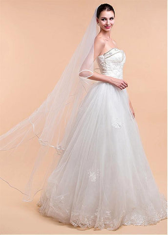 Attractive Tulle Ivory Wedding Veil With Ribbon Edge