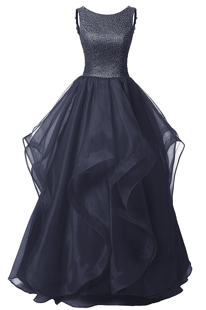 Long Prom Dress Asymmetric Ball Gown Evening Gown Beads Organza Gown ...