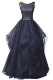 Long Prom Dress Asymmetric Ball Gown Evening Gown Beads Organza Gown