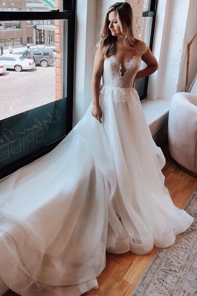 Cap Sleeves Open Back Chapel Train Wedding Dress with Lace Top US2 / Ivory Cap Sleeves Open Back Chapel Train Wedding Dress with Lace Top US2 / Ivory
