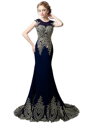 Glamorous Chiffon Jewel Neckline Mermaid Evening Dresses With Lace Appliques