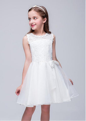 In Stock Attractive Organza & Lace Jewel Neckline A-line Flower Girl Dresses With Bowknot