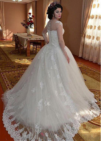 Fantastic Tulle Sheer Jewel Neckline Ball Gown Wedding Dresses With Beaded Lace Appliques