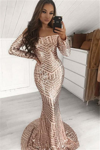 Off The Shoulder Gold Sequin Trumpet Mermaid Prom Dress