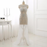 White Cut Out Mesh Illusion Crystal Prom Evening Dress