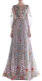  Floral Embroidery Long Sleeves Prom Dress