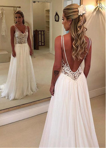  Tulle & Chiffon V-neck Backless A-line Wedding Dress