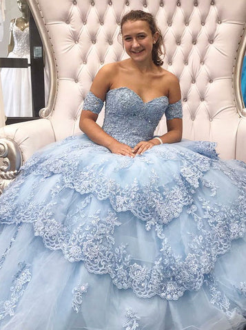 Ball Gown Sweetheart Appliques and Beading Blue Tulle Quinceanera Dress