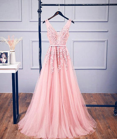 Pink V Neck Tulle Lace Applique Long Prom Dress