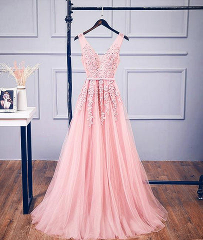 Pink V Neck Tulle Lace Applique Long Prom Dress Custom Made / Burgundy Pink V Neck Tulle Lace Applique Long Prom Dress Custom Made / Burgundy