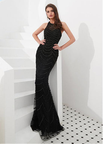 Tulle & Satin Jewel Black Beading Mermaid Evening Dress