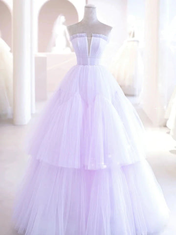 Lilac Purple Strapless Tulle Sheer A Line Prom Dress