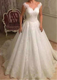 Tulle Lace Appliques V-neck Beading A-line Wedding Dress 