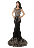 Marvelous Jersey Scoop Neckline Mermaid Evening Dresses With Lace Appliques & Rhinestones