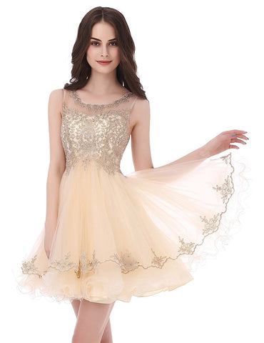 Champagne Short Tulle Beading Homecoming Dress Prom Gown