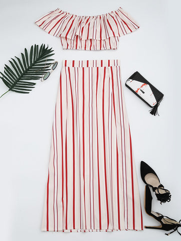 Separate Striped Top And Slit Skirt Suit - Red Stripes