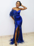 Royal Blue Mermaid Sweetheart Feather Prom Dress With Split