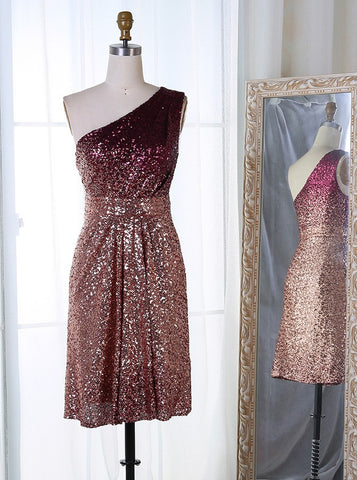 Ombre Sequined Sheath One Shoulder Short Homecoming Dress