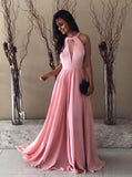 Backless Floor-Length A-Line Crew Pink Prom Dress with Keyhole