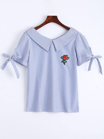 Blue Floral Patched Self Tie Striped Blouse