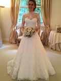  High Neck Long Sleeves Lace A-Line Court Train Wedding Dress