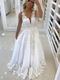 White V-Neck Sleeveless  Lace Tulle Prom Dresses