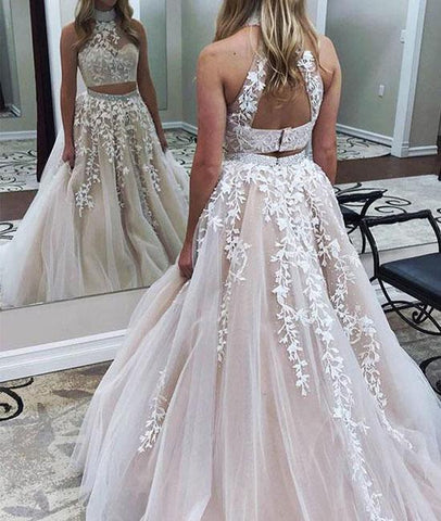 Two Pieces Lace Applique Long Prom Dress