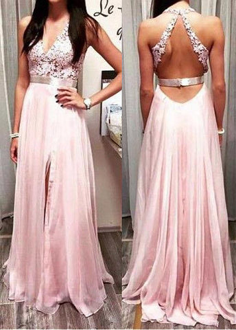 Pink Flowing Tulle & Silk-like Chiffon Halter Neckline A-Line Prom Dresses With Lace Appliques