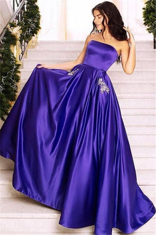 Purple Strapless Beading Pockets Satin Prom Dress