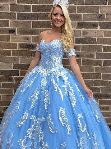 Ball Gown Sweetheart Blue Tulle Quinceanera Dress with Appliques