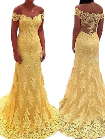 Mermaid Yellow Lace Off The Shoulder Prom Dress