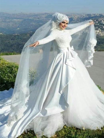  Satin Lace Tulle Arabic Wedding Dress with Hijab