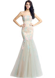 Glamorous Tulle Strapless Neckline Natural Waistline Mermaid Prom Dresses With Lace Appliques