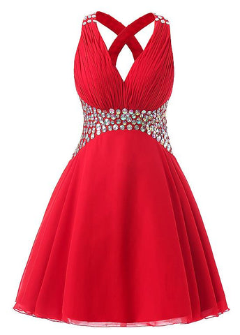 Red Fashionable Chiffon V-Neck A-Line Short Homecoming Dresses With Rhinestones