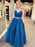 Lace Appliques Sparkly V Neck Two Pieces A Line Blue Prom Dress