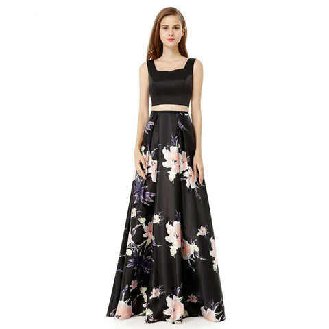 Black Floral Print Prom Dresses