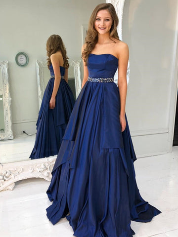 Navy Blue Strapless Beading Satin Prom Dress