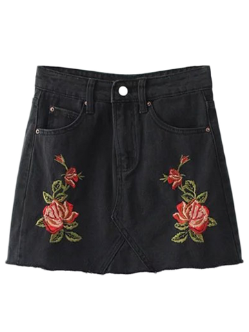 Black Cutoffs Rose Embroidered Denim Skirt