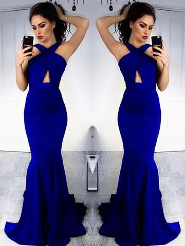 Sheath Halter Blue With Ruched Satin Prom Dress