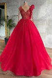 Red Long Sleeve V Neck Beading Flower Tulle Prom Formal Dress
