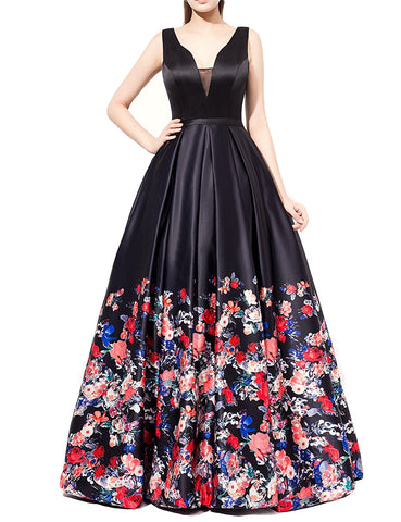 Black V Neck Print Prom Dress